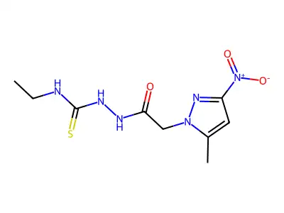N-ethyl-2-({3-nitro-5-methyl-1H-pyrazol-1-yl}acetyl)hydrazinecarbothioamide structure