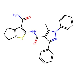N-(3-carbamoyl-5,6-dihydro-4H-cyclopenta[b]thiophen-2-yl)-5-methyl-1,3-diphenylpyrazole-4-carboxamide structure