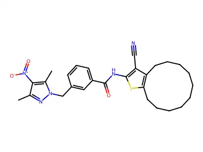 N-(3-cyano-4,5,6,7,8,9,10,11,12,13-decahydrocyclododeca[b]thiophen-2-yl)-3-[(3,5-dimethyl-4-nitro-1H-pyrazol-1-yl)methyl]benzamide structure