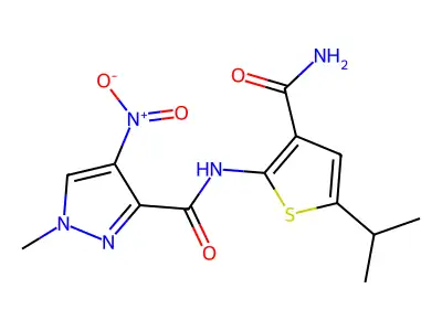N-(3-carbamoyl-5-propan-2-ylthiophen-2-yl)-1-methyl-4-nitropyrazole-3-carboxamide structure