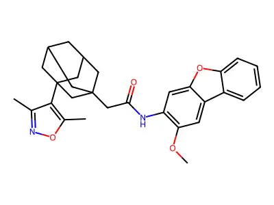 2-[3-(3,5-dimethyl-1,2-oxazol-4-yl)-1-adamantyl]-N-(2-methoxydibenzofuran-3-yl)acetamide structure