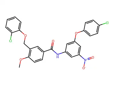 3-[(2-chlorophenoxy)methyl]-N-[3-(4-chlorophenoxy)-5-nitrophenyl]-4-methoxybenzamide structure