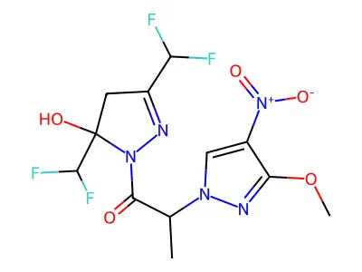 1-[3,5-bis(difluoromethyl)-5-hydroxy-4H-pyrazol-1-yl]-2-(3-methoxy-4-nitropyrazol-1-yl)propan-1-one structure