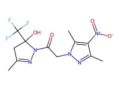2-(3,5-dimethyl-4-nitropyrazol-1-yl)-1-[5-hydroxy-3-methyl-5-(trifluoromethyl)-4H-pyrazol-1-yl]ethanone structure