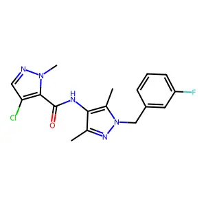4-chloro-N-[1-(3-fluorobenzyl)-3,5-dimethyl-1H-pyrazol-4-yl]-1-methyl-1H-pyrazole-5-carboxamide structure