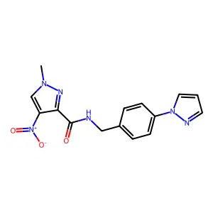 1-methyl-4-nitro-N-[(4-pyrazol-1-ylphenyl)methyl]pyrazole-3-carboxamide structure