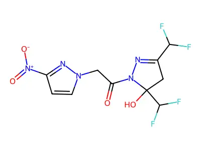 1-[3,5-bis(difluoromethyl)-5-hydroxy-4H-pyrazol-1-yl]-2-(3-nitropyrazol-1-yl)ethanone structure