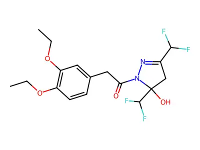 1-[3,5-bis(difluoromethyl)-5-hydroxy-4H-pyrazol-1-yl]-2-(3,4-diethoxyphenyl)ethanone structure