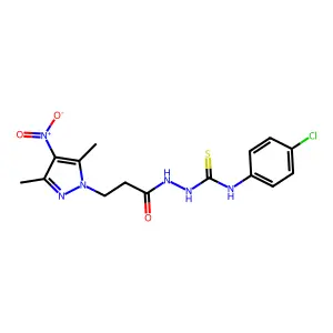 1-(4-chlorophenyl)-3-[3-(3,5-dimethyl-4-nitropyrazol-1-yl)propanoylamino]thiourea structure