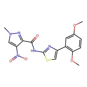N-[4-(2,5-dimethoxyphenyl)-1,3-thiazol-2-yl]-1-methyl-4-nitro-1H-pyrazole-3-carboxamide structure