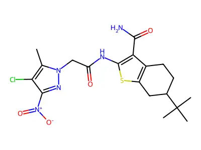 6-tert-butyl-2-[[2-(4-chloro-5-methyl-3-nitropyrazol-1-yl)acetyl]amino]-4,5,6,7-tetrahydro-1-benzothiophene-3-carboxamide structure