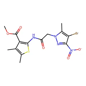 methyl 2-[[2-(4-bromo-5-methyl-3-nitropyrazol-1-yl)acetyl]amino]-4,5-dimethylthiophene-3-carboxylate structure