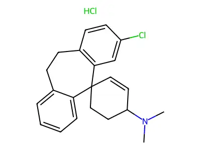 Spiro(2-cyclohexene-1,5'-(5H)dibenzo(a,d)cyclohepten)-4-amine, 10',11'-dihydro-3'-chloro-N,N-dimethyl-, hydrochloride structure