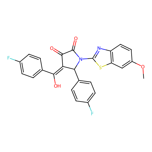 (4E)-5-(4-fluorophenyl)-4-[(4-fluorophenyl)(hydroxy)methylidene]-1-(6-methoxy-1,3-benzothiazol-2-yl)pyrrolidine-2,3-dione structure