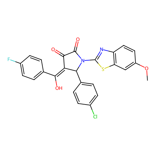 (4E)-5-(4-chlorophenyl)-4-[(4-fluorophenyl)(hydroxy)methylidene]-1-(6-methoxy-1,3-benzothiazol-2-yl)pyrrolidine-2,3-dione structure