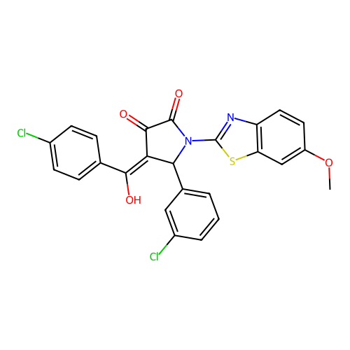 (4E)-5-(3-chlorophenyl)-4-[(4-chlorophenyl)(hydroxy)methylidene]-1-(6-methoxy-1,3-benzothiazol-2-yl)pyrrolidine-2,3-dione structure