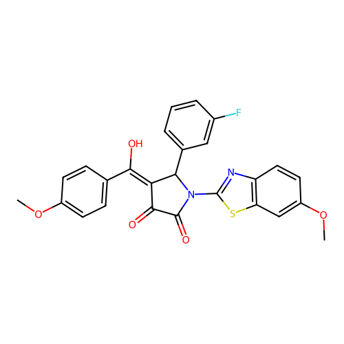 (4E)-5-(3-fluorophenyl)-4-[hydroxy(4-methoxyphenyl)methylidene]-1-(6-methoxy-1,3-benzothiazol-2-yl)pyrrolidine-2,3-dione structure