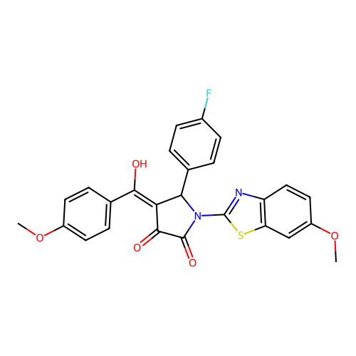 (4E)-5-(4-fluorophenyl)-4-[hydroxy(4-methoxyphenyl)methylidene]-1-(6-methoxy-1,3-benzothiazol-2-yl)pyrrolidine-2,3-dione structure