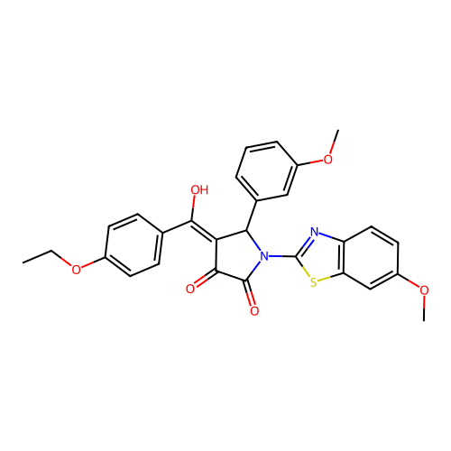 (4E)-4-[(4-ethoxyphenyl)(hydroxy)methylidene]-1-(6-methoxy-1,3-benzothiazol-2-yl)-5-(3-methoxyphenyl)pyrrolidine-2,3-dione structure