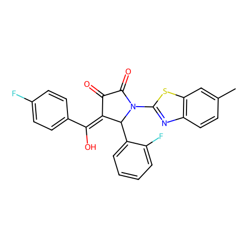 (4E)-5-(2-fluorophenyl)-4-[(4-fluorophenyl)(hydroxy)methylidene]-1-(6-methyl-1,3-benzothiazol-2-yl)pyrrolidine-2,3-dione structure