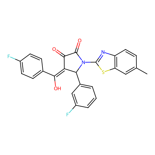 (4E)-5-(3-fluorophenyl)-4-[(4-fluorophenyl)(hydroxy)methylidene]-1-(6-methyl-1,3-benzothiazol-2-yl)pyrrolidine-2,3-dione structure