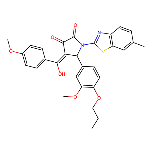 (4E)-4-[hydroxy(4-methoxyphenyl)methylidene]-5-(3-methoxy-4-propoxyphenyl)-1-(6-methyl-1,3-benzothiazol-2-yl)pyrrolidine-2,3-dione structure
