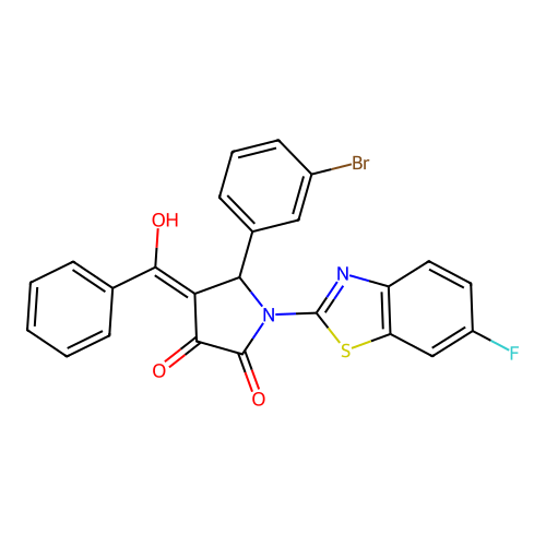 (4E)-5-(3-bromophenyl)-1-(6-fluoro-1,3-benzothiazol-2-yl)-4-[hydroxy(phenyl)methylidene]pyrrolidine-2,3-dione structure