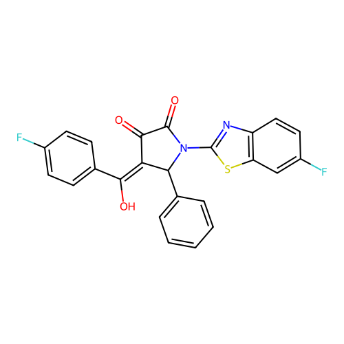 (4E)-1-(6-fluoro-1,3-benzothiazol-2-yl)-4-[(4-fluorophenyl)(hydroxy)methylidene]-5-phenylpyrrolidine-2,3-dione structure