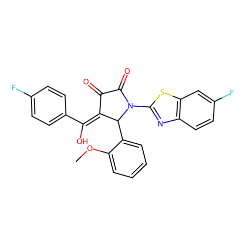 (4E)-1-(6-fluoro-1,3-benzothiazol-2-yl)-4-[(4-fluorophenyl)(hydroxy)methylidene]-5-(2-methoxyphenyl)pyrrolidine-2,3-dione structure