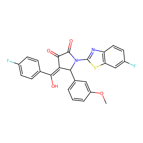 (4E)-1-(6-fluoro-1,3-benzothiazol-2-yl)-4-[(4-fluorophenyl)(hydroxy)methylidene]-5-(3-methoxyphenyl)pyrrolidine-2,3-dione structure
