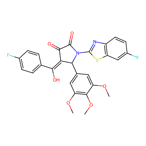 (4E)-1-(6-fluoro-1,3-benzothiazol-2-yl)-4-[(4-fluorophenyl)(hydroxy)methylidene]-5-(3,4,5-trimethoxyphenyl)pyrrolidine-2,3-dione structure