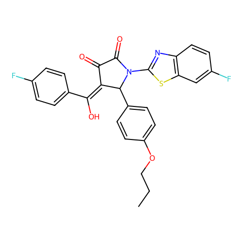 (4E)-1-(6-fluoro-1,3-benzothiazol-2-yl)-4-[(4-fluorophenyl)(hydroxy)methylidene]-5-(4-propoxyphenyl)pyrrolidine-2,3-dione structure
