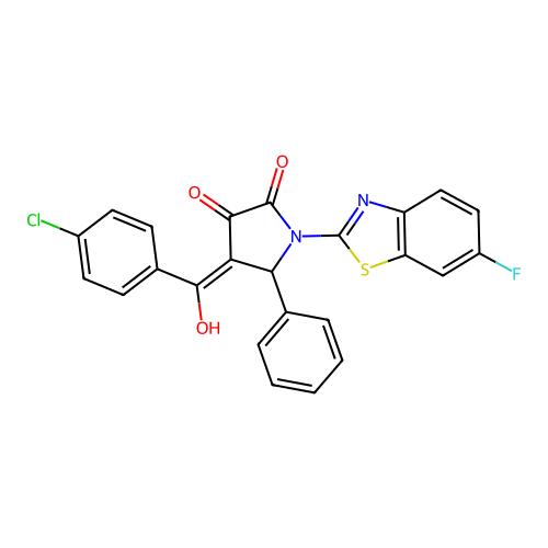 (4E)-4-[(4-chlorophenyl)(hydroxy)methylidene]-1-(6-fluoro-1,3-benzothiazol-2-yl)-5-phenylpyrrolidine-2,3-dione structure