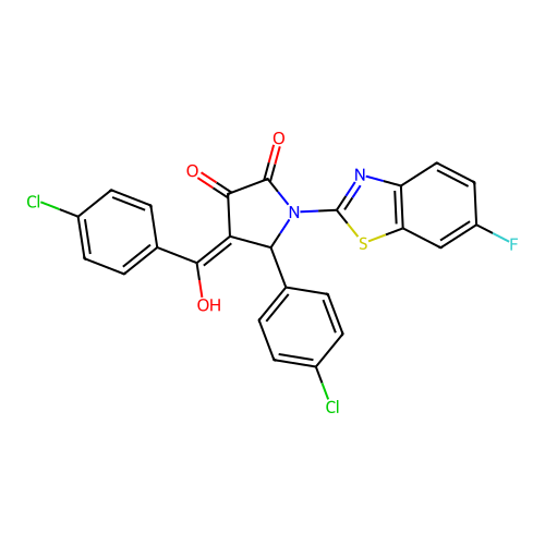 (4E)-5-(4-chlorophenyl)-4-[(4-chlorophenyl)(hydroxy)methylidene]-1-(6-fluoro-1,3-benzothiazol-2-yl)pyrrolidine-2,3-dione structure