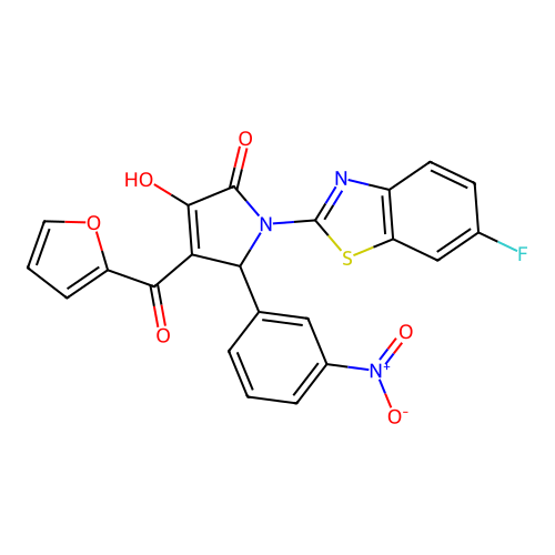 (4E)-1-(6-fluoro-1,3-benzothiazol-2-yl)-4-[furan-2-yl(hydroxy)methylidene]-5-(3-nitrophenyl)pyrrolidine-2,3-dione structure