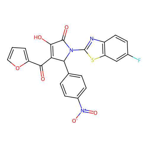 (4E)-1-(6-fluoro-1,3-benzothiazol-2-yl)-4-[furan-2-yl(hydroxy)methylidene]-5-(4-nitrophenyl)pyrrolidine-2,3-dione structure
