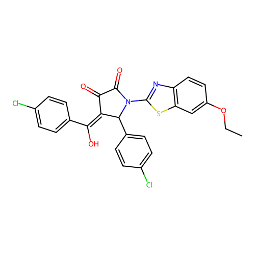 (4E)-5-(4-chlorophenyl)-4-[(4-chlorophenyl)(hydroxy)methylidene]-1-(6-ethoxy-1,3-benzothiazol-2-yl)pyrrolidine-2,3-dione structure