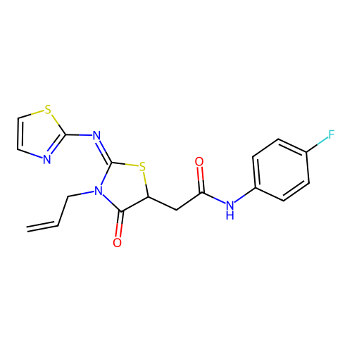 (E)-2-(3-allyl-4-oxo-2-(thiazol-2-ylimino)thiazolidin-5-yl)-N-(4-fluorophenyl)acetamide structure