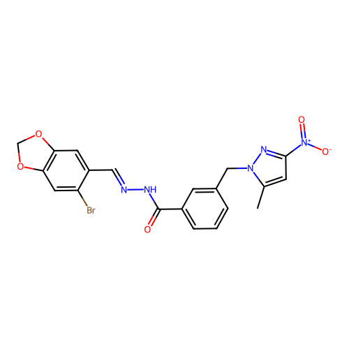 N-[(E)-(6-bromo-1,3-benzodioxol-5-yl)methylideneamino]-3-[(5-methyl-3-nitropyrazol-1-yl)methyl]benzamide structure