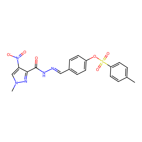 4-[2-({4-nitro-1-methyl-1H-pyrazol-3-yl}carbonyl)carbohydrazonoyl]phenyl 4-methylbenzenesulfonate structure