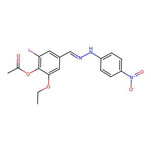 2-ethoxy-6-iodo-4-{(E)-[2-(4-nitrophenyl)hydrazinylidene]methyl}phenyl acetate structure