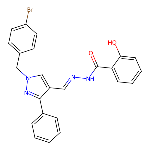 N-[(E)-[1-[(4-bromophenyl)methyl]-3-phenylpyrazol-4-yl]methylideneamino]-2-hydroxybenzamide structure