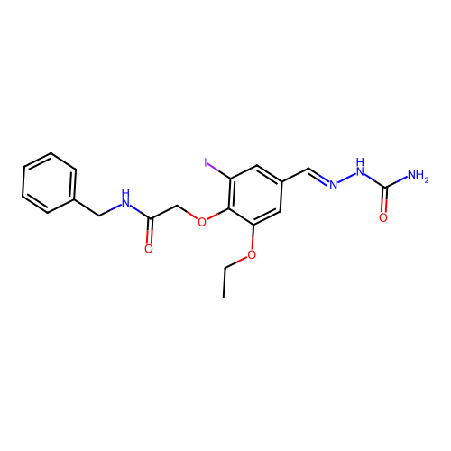 N-benzyl-2-[4-[(E)-(carbamoylhydrazinylidene)methyl]-2-ethoxy-6-iodophenoxy]acetamide structure