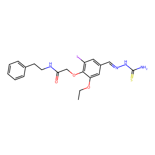 2-[4-[(E)-(carbamothioylhydrazinylidene)methyl]-2-ethoxy-6-iodophenoxy]-N-(2-phenylethyl)acetamide structure