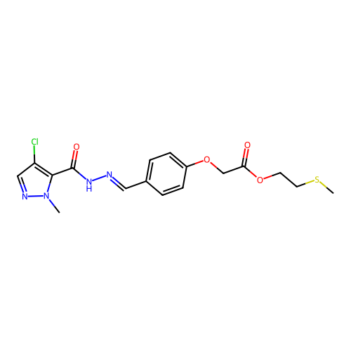 (E)-2-(methylthio)ethyl 2-(4-((2-(4-chloro-1-methyl-1H-pyrazole-5-carbonyl)hydrazono)methyl)phenoxy)acetate structure