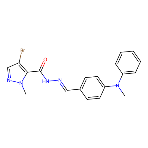 4-bromo-2-methyl-N-[(E)-[4-(N-methylanilino)phenyl]methylideneamino]pyrazole-3-carboxamide structure