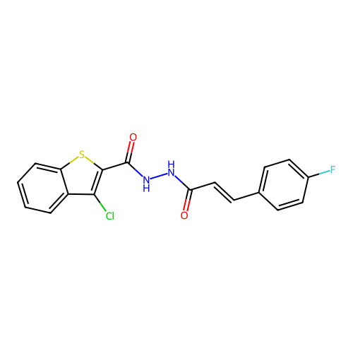 3-chloro-N'-[3-(4-fluorophenyl)acryloyl]-1-benzothiophene-2-carbohydrazide structure