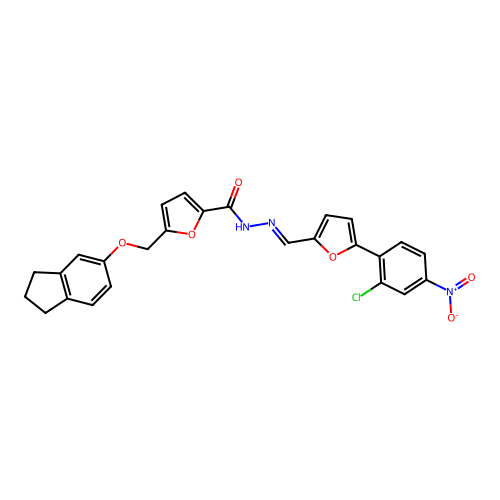 N'-[(5-{2-chloro-4-nitrophenyl}-2-furyl)methylene]-5-[(2,3-dihydro-1H-inden-5-yloxy)methyl]-2-furohydrazide structure
