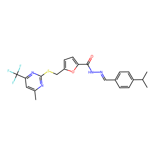 5-[[4-methyl-6-(trifluoromethyl)pyrimidin-2-yl]sulfanylmethyl]-N-[(E)-(4-propan-2-ylphenyl)methylideneamino]furan-2-carboxamide structure