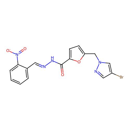 5-[(4-bromo-1H-pyrazol-1-yl)methyl]-N'-{2-nitrobenzylidene}-2-furohydrazide structure